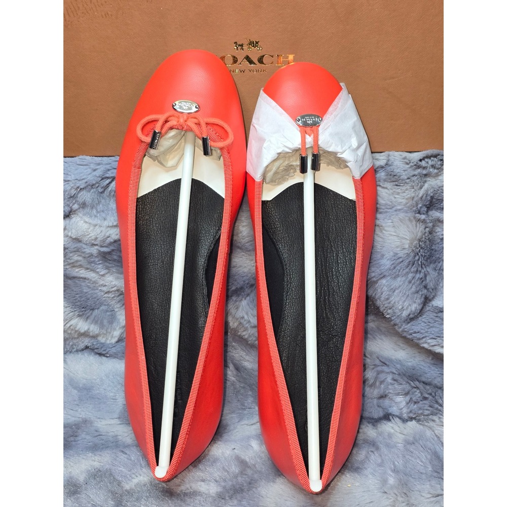 NWB COACH Lara Silk‎ Nappa Ballet Flats Red/Orange Leather Bow Logo Size 8 - Picture 4 of 6